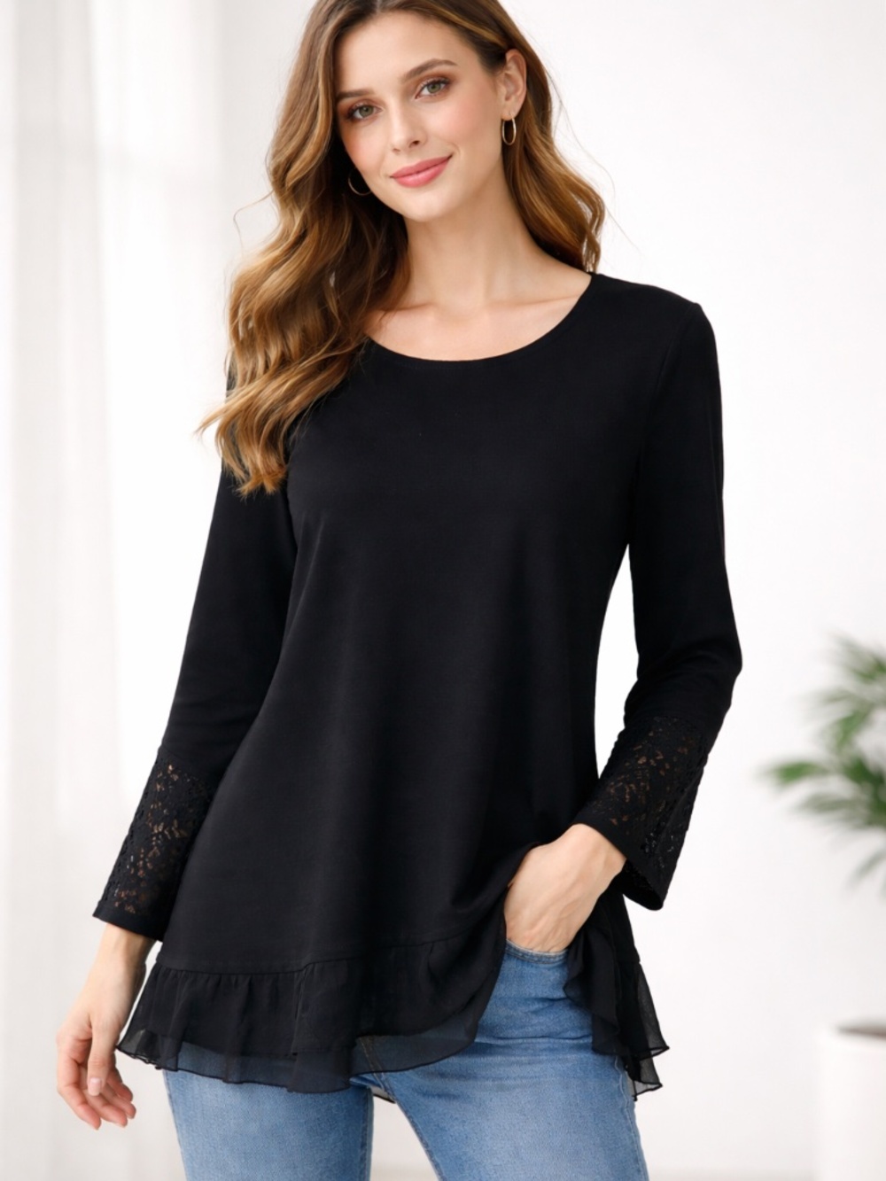 Style & Co Black Lace Trim Tunic Sweater Top Women’s Large